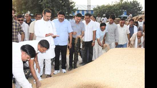 Haryana assembly speaker Harvinder Kalyan visited the grain market on Wednesday to review the purchase. He said that many millers have agreed to participate starting Thursday. (HT Photo)