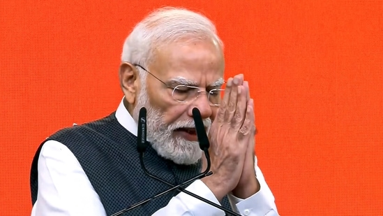 Prime Minister Narendra Modi addresses the gathering during the Viksit Bharat Sankalp Sabha, in New Delhi. The event marks 25 years of PM Modi in public office as head of government, tracing back to October 7, 2001, when he first took oath as the Chief Minister of Gujarat. (@NarendraModi)