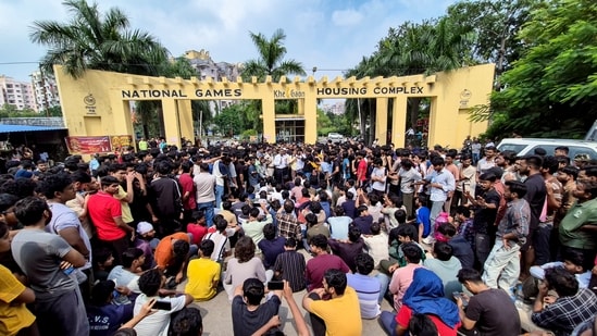 Students stage a protest outside a hostel after a first-year student of the IIIT Ranchi died by suicide. (PTI Photo)