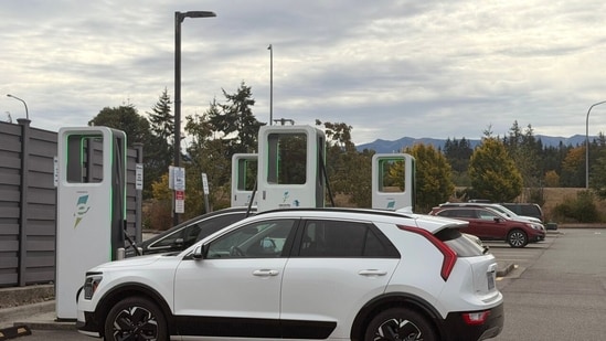 An EV charging station with a view in Port Angeles, Wash.