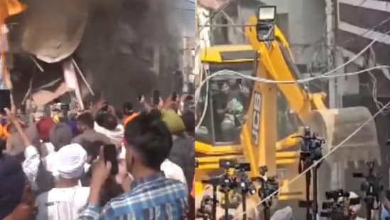 Smoke billowing from accused Ashwani Kumar's shop (L) and his house being demolished by the administration (R) (Screengrab from X/@ANI)