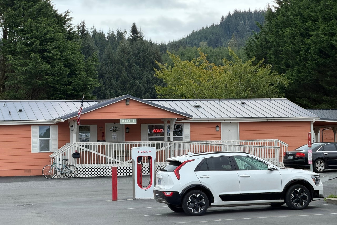 Tesla charging stations outside the Dew Drop Inn in Forks, Wash. Tesla charging stations outside the Dew Drop Inn in Forks, Wash.