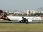 Air India flight AI2030 operating from Frankfurt to Delhi departs from Jaipur International Airport after an emergency landing following a security alert over a suspected hijack threat, in Jaipur on Wednesday. 