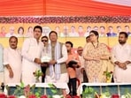 BJP national general secretary Smriti Irani and UP BJP president Pankaj Chaudhary welcome three rebel SP legislators into the party fold in Amethi on Wednesday. (Sourced)