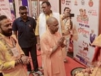CM Yogi Adityanath offers prayers at Maa Vindhyavasini Temple in Mirzapur on Thursday. (PTI)