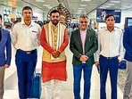 Haryana chief minister Nayab Singh Saini at the IGI Airport as he leaves for a 4-day official visit to Sweden, in New Delhi on Wednesday. (@NayabSainiBJP X)