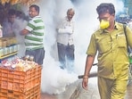 Mumbai: A BMC worker carries out fumigation works as a part of preventive measures against Malaria, in Mumbai, Wednesday, Aug. 7, 2019. (PTI Photo/Shashank Parade)(PTI8_7_2019_000114B) (PTI)