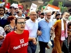All India Students' Association (AISA) National President Neha Bora, advocate Prashant Bhushan, activist Yogendra Yadav, and CPI(ML) Liberation General Secretary Dipankar Bhattacharya lead a march near INA Market towards Jantar Mantar on October 10