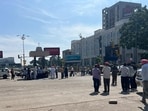 Protesters blocking an intersection in Phase 7, Mohali, on Thursday. (HT Photo)