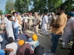 Protesters blocking the Bathinda-Talwandi Sabo road near Kotshamir village in response to the Punjab Bandh call on Thursday. (Sanjeev Kumar/HT)