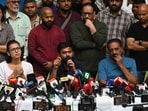 Abhijeet Dipke, Cockroach Janta Party (CJP) Founder and National Convenor, along with Neha Bora (AISA) , Prakash Raj, Actor and Activist during a press conference at Press Club of India.