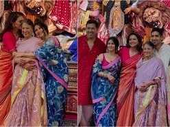  নর্থ বম্বে সর্বজনীন দুর্গাপুজোর মণ্ডপে কাজল-তনিশা-তনুজা। 