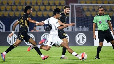 Players vie for the ball during the Indian Super League match between NorthEast United FC and Mohun Bagan Super Giant at Indira Gandhi Athletic Stadium in Guwahati earlier this week. (Hafiz Ahmed)
