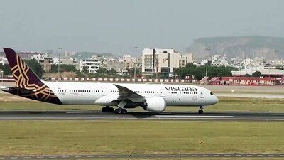 Air India flight AI2030 operating from Frankfurt to Delhi departs from Jaipur International Airport after an emergency landing following a security alert over a suspected hijack threat, in Jaipur on Wednesday. (ANI Video Grab ) Air India flight AI2030 operating from Frankfurt to Delhi departs from Jaipur International Airport after an emergency landing following a security alert over a suspected hijack threat, in Jaipur on Wednesday. (ANI Video Grab )