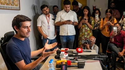 New Delhi: YouTuber and activist Dhruv Rathee addresses a press conference following his release from preventive detention by police, in New Delhi, Sunday, Oct. 11, 2026. (PTI Photo/Arun Sharma) New Delhi: YouTuber and activist Dhruv Rathee addresses a press conference following his release from preventive detention by police, in New Delhi, Sunday, Oct. 11, 2026. (PTI Photo/Arun Sharma)