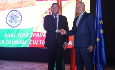 (L-R) Sibi George, Secretary (West) at the Ministry of External Affairs and Ambassador of Spain to India Juan Antonio March Pujol (HT/Manoj Verma)