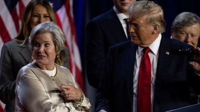 US Election Results: Republican presidential nominee and former U.S. President Donald Trump shakes hands with his senior advisor Susie Wiles as he speaks. (REUTERS) (REUTERS)