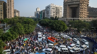 Massive crowds of supporters seen during a march by INDIA bloc leaders towards Supreme Court of India at Connaught Place in New Delhi, on Monday. (Sanchit Khanna/Hindustan Times) Massive crowds of supporters seen during a march by INDIA bloc leaders towards Supreme Court of India at Connaught Place in New Delhi, on Monday. (Sanchit Khanna/Hindustan Times)