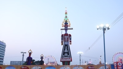 Standing tall alongside 90-foot effigies of Kumbhakarna and Meghnad, this year the effigy of King of Lanka has been created using high-tech flair.