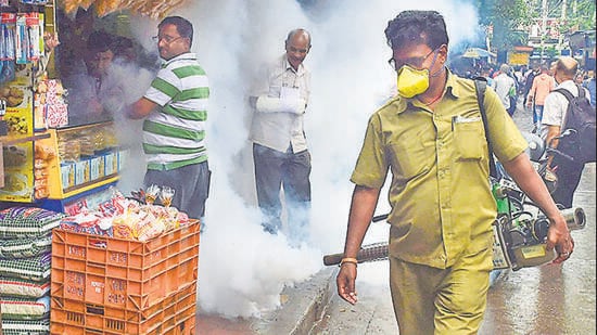 Mumbai: A BMC worker carries out fumigation works as a part of preventive measures against Malaria, in Mumbai, Wednesday, Aug. 7, 2019. (PTI Photo/Shashank Parade)(PTI8_7_2019_000114B) (PTI)