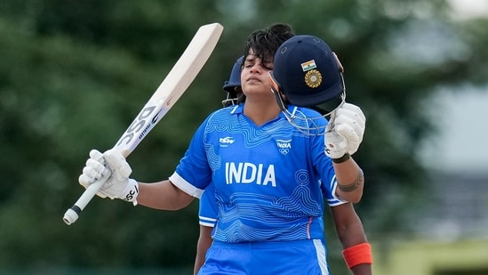 India Shafali Verma celebrates her century during the second semifinal T20I against Bangladesh at the Asian Games 2026.