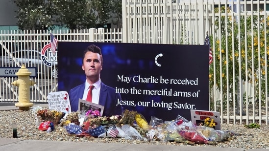 A memorial display for slain conservative activist Charlie Kirk outside the Turning Point Action Burke Family Victory Center in Phoenix, Arizona, U.S., September 13, 2026, after a newly installed memorial statue of slain conservative activist Charlie Kirk was vandalized overnight in Phoenix on Sunday, according to the organization that he founded. (Damon Jung/Handout via REUTERS) 