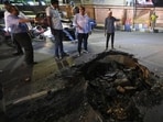 A road cave-in near the divisional commissioner’s office in Lucknow on Thursday. (Deepak Gupta/HT)