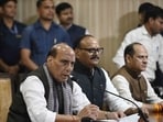 Defence minister Rajnath Singh addresses a press conference at the BJP office in Lucknow on Friday. (Deepak Gupta/HT)