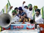 Farmers protesting during the Punjab Bandh called over the murder of anti-drug activist Parvinder Singh Jhota, in Amritsar on Thursday. (PTI Photo)