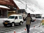 Fresh snowfall at the North Portal of the Atal Tunnel in Rohtang on Thursday. (Aqil Khan/HT)