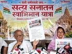 Bhopal: Congress leader Digvijaya Singh, along with his wife Amrita Rai and others, during a press conference ahead of 'Satya Sanatan Swabhiman Yatra', scheduled on Oct. 20th from Ujjain's Mahakaleshwar Temple to Ayodhya's Ram Temple, in Bhopal, Madhya Pradesh.