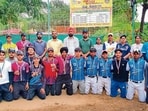 Players before a contest at Government Girls Senior Secondary School, Gill, on Thursday. (HT Photo)