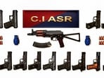 The recovered pistols include four 9MM Glocks and nine .30-bore pistols along with 25 live cartridges. (HT Photo)