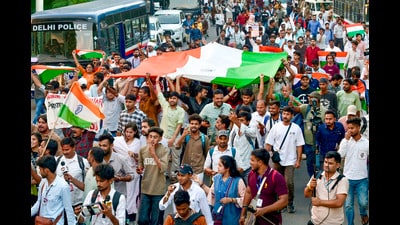Members of the Cockroach Janata Party (CJP), Krantikari Yuva Sangathan (KYS) and others at a Tiranga March around the inner circle of Connaught Place in New Delhi on Friday. (Hindustan Times) Members of the Cockroach Janata Party (CJP), Krantikari Yuva Sangathan (KYS) and others at a Tiranga March around the inner circle of Connaught Place in New Delhi on Friday. (Hindustan Times)