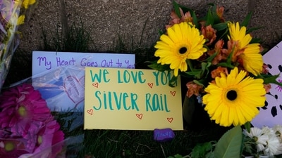 A makeshift memorial at a sign marking the Silver Rail Elementary School near a cordoned-off area, following a shooting, in Bend, Oregon, US. (REUTERS)