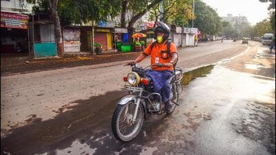 Pune, India - March 29, 2020: Swiggy delivery executive in Kothrud in Pune, India, on Sunday, March 29, 2020. (Photo by Sanket Wankhade/HT PHOTO)