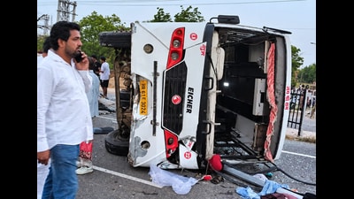 The police said around 60 passengers were travelling in the bus when the accident occurred. Passengers have alleged negligence by the driver. (HT File) The police said around 60 passengers were travelling in the bus when the accident occurred. Passengers have alleged negligence by the driver. (HT File)