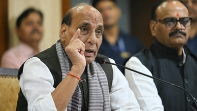 Union defence minister Rajnath Singh accused the Congress of turning the Election Commission into its “puppet” while in power. (Deepak Gupta/HT Photo)