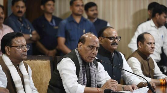 Defence minister Rajnath Singh addresses a press conference at the BJP office in Lucknow on Friday. (Deepak Gupta/HT)