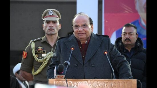 Ladakh LG Vinai Kumar Saxena addresses a public gathering following the declaration of Sankoo as the 8th district of Ladakh, in Sankoo on Friday. (@lg_ladakh)