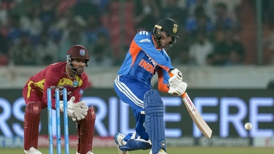 India's Abhishek Sharma plays a shot.