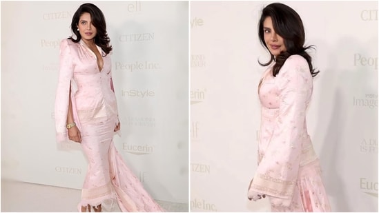 Priyanka Chopra wore a sculptural baby-pink Matières Fécales ensemble featuring metallic floral details.