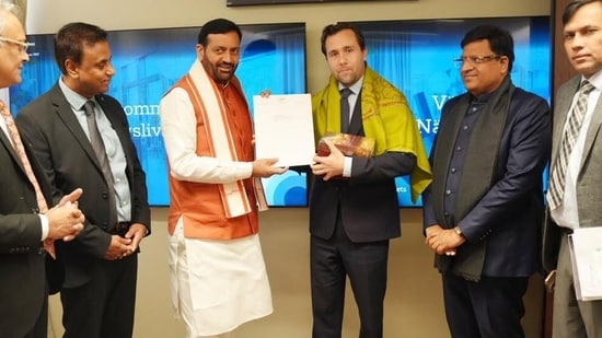 Haryana Chief Minister Nayab Singh Saini invites Benjamin Dousa, Sweden’s Minister for International Development Cooperation and Foreign Trade, to the upcoming Happening Haryana summit during a meeting in Sweden on October 15.