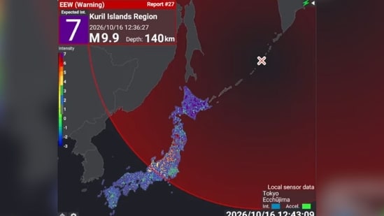 An early-warning display identified the location as the Kuril Islands region and showed an estimated magnitude of 9.9. (X/ @Osint613)