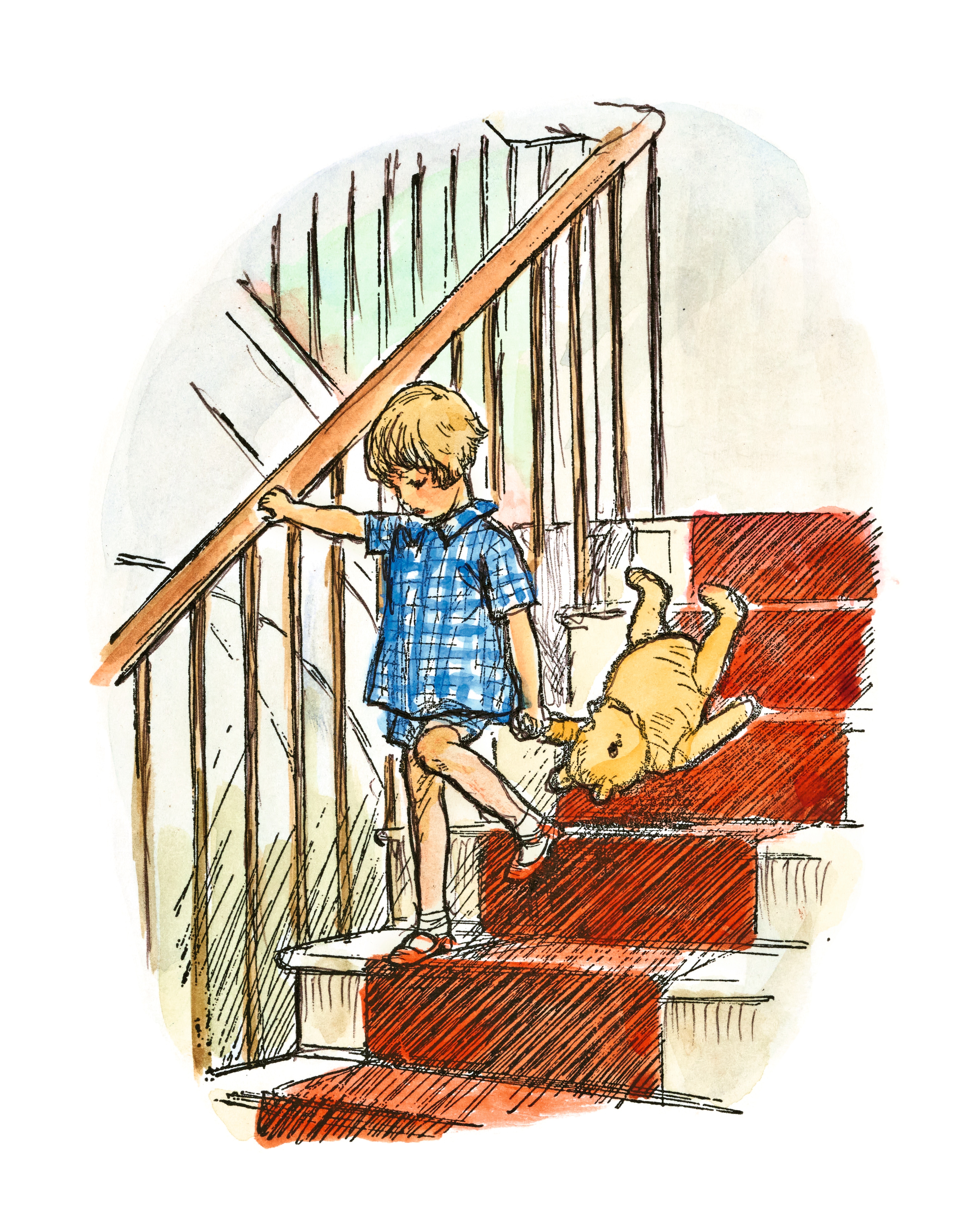 At 18 inches, Christopher Robin’s original toy bear was quite large; it was also rather lean and angular. Shepard decided to soften the image for the book, turning out a gentler, more rounded, child-friendly character. (Estate of EH Shepard and HarperCollins)