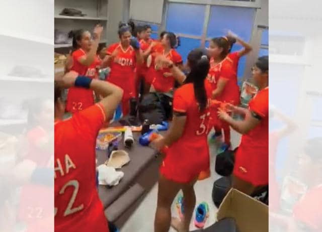 The women celebrated in their locker room after the win. (HOCKEY INDIA) The women celebrated in their locker room after the win. (HOCKEY INDIA)