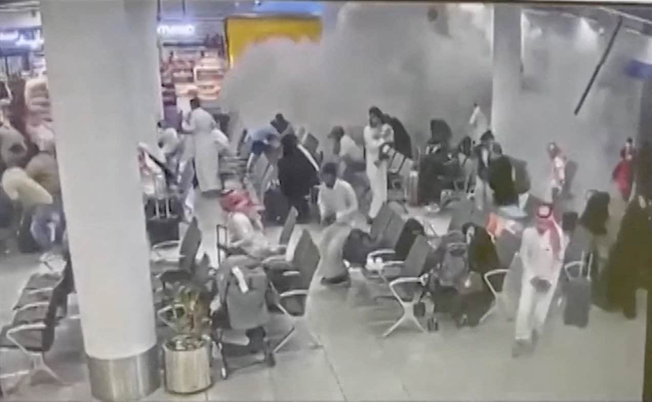 CCTV footage shows people reacting to an attack on Abha International Airport, in Abha, Asir Province, Saudi Arabia. (Handout via Reuters)