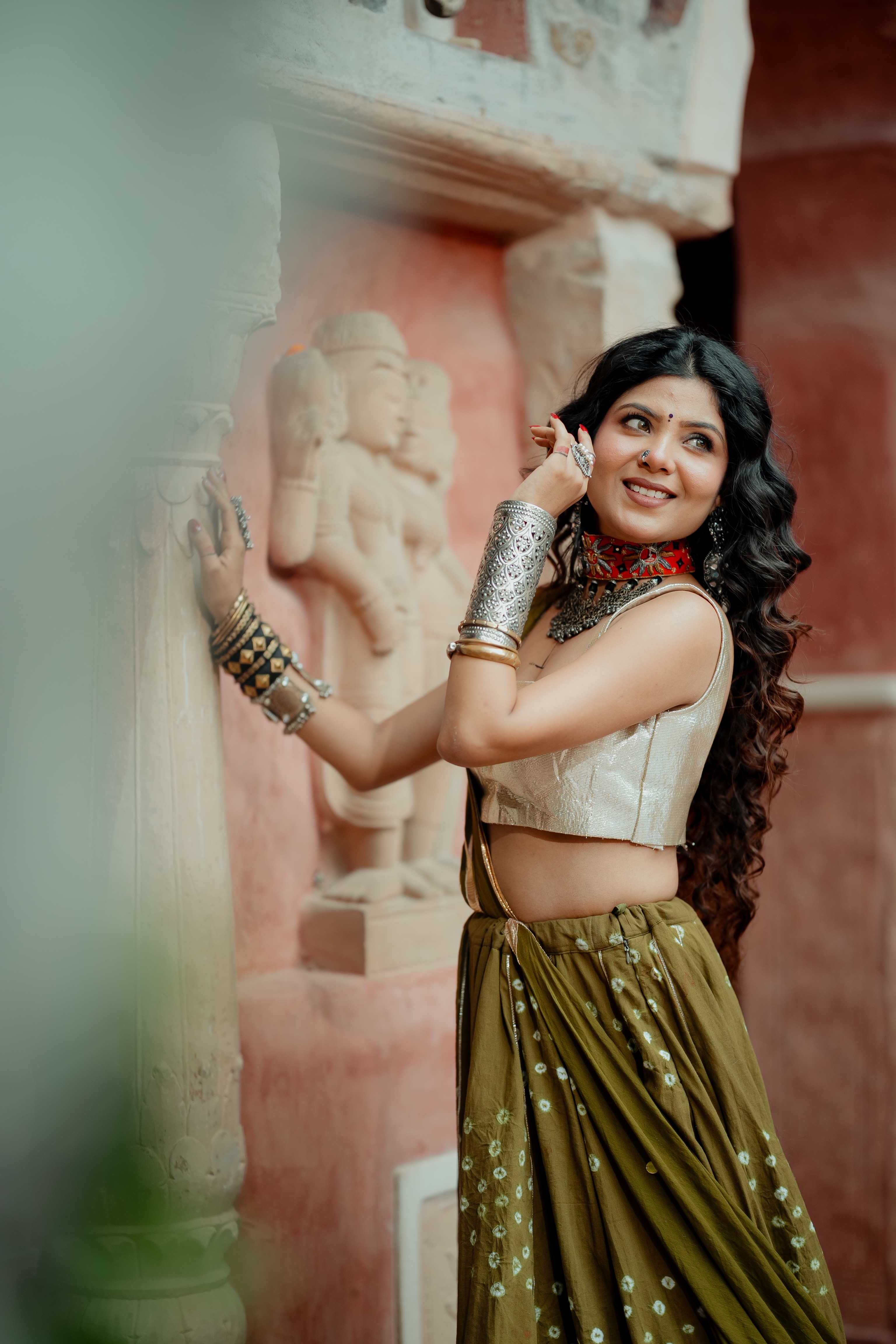 A simple lehenga can look completely different when styled with a contrasting dupatta. (Niharika Jain)