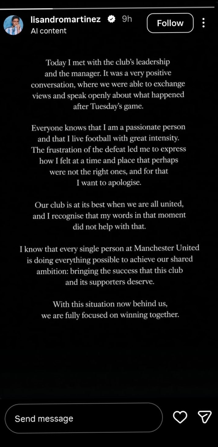 Lisandro Martinez's apology. (Instagram)