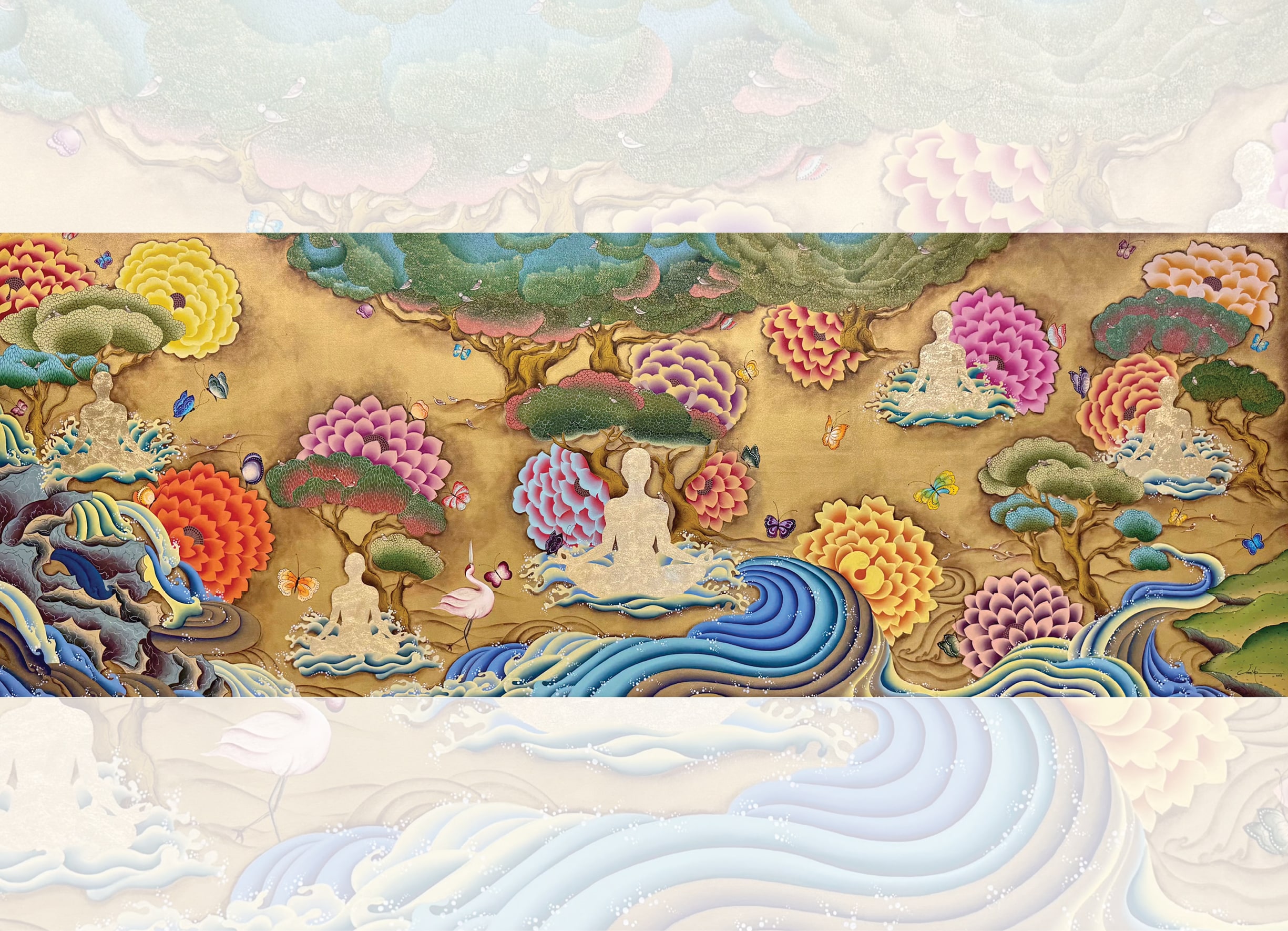Echoes of Enlightenment (2025) is a panoramic work featuring a Buddha-like figure meditating. Echoes of Enlightenment (2025) is a panoramic work featuring a Buddha-like figure meditating.